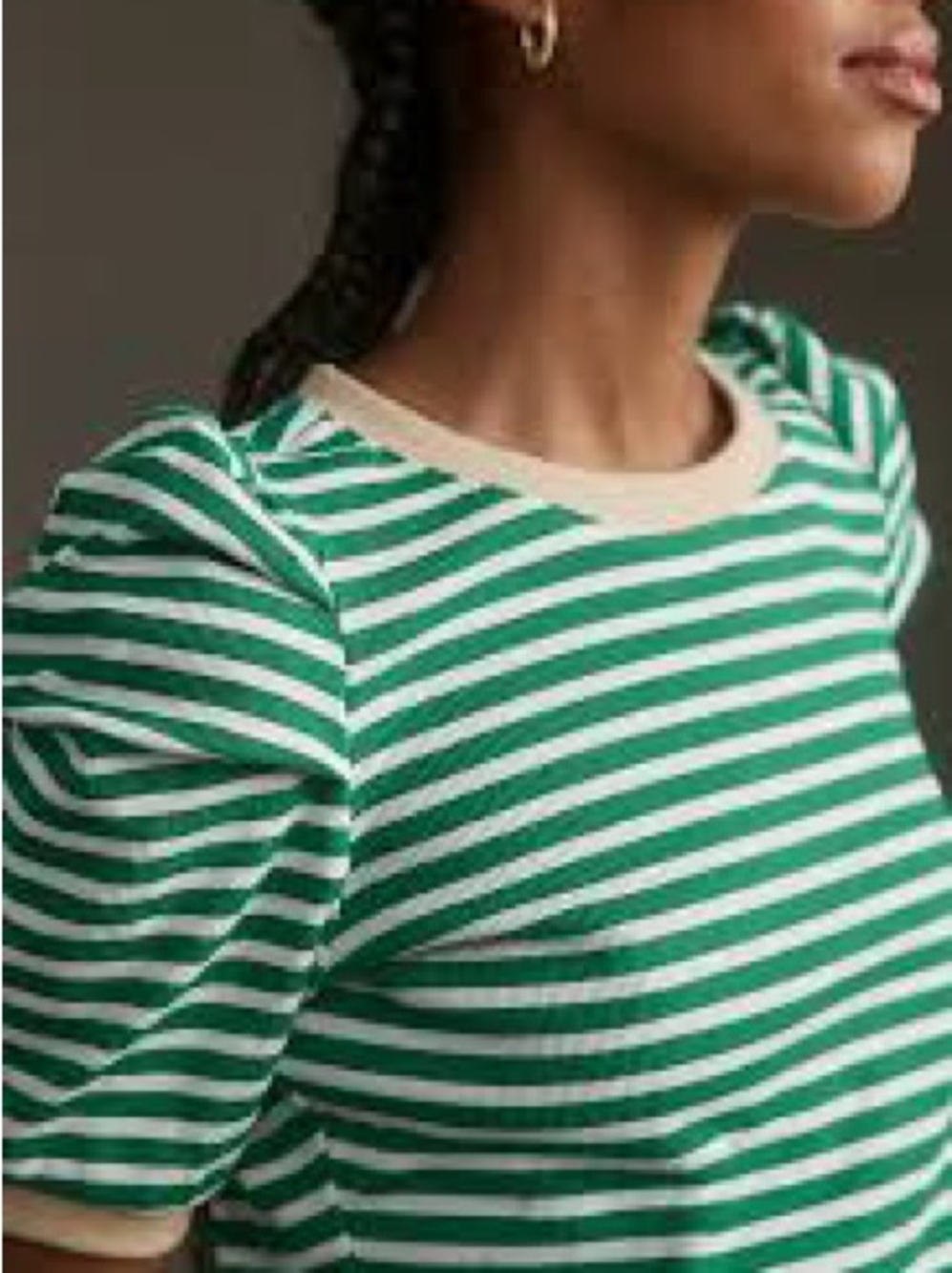 Maeve Green & White Striped Tee with Tan Neckband
